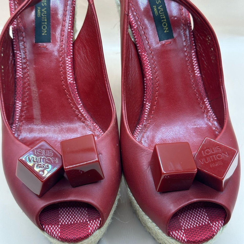 š„LOUIS VUITTON Red Leather, Espadrille & Logo "Dice" Wedge Heels š„ - Picture 11 of 16